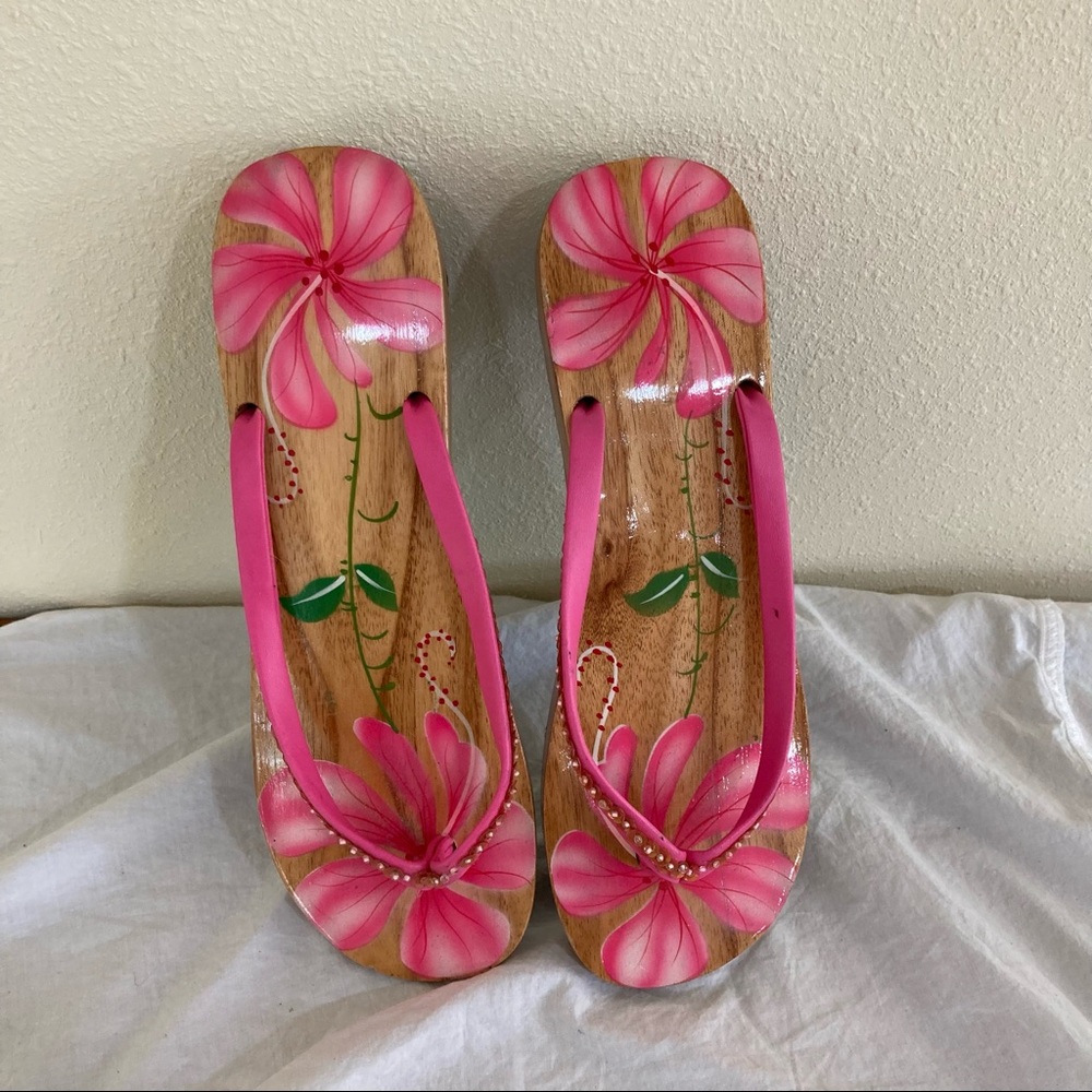 Wooden sandals with painted flowers Hibiscus Tropical Hawaii Polynesian Size XL - Picture 7 of 14